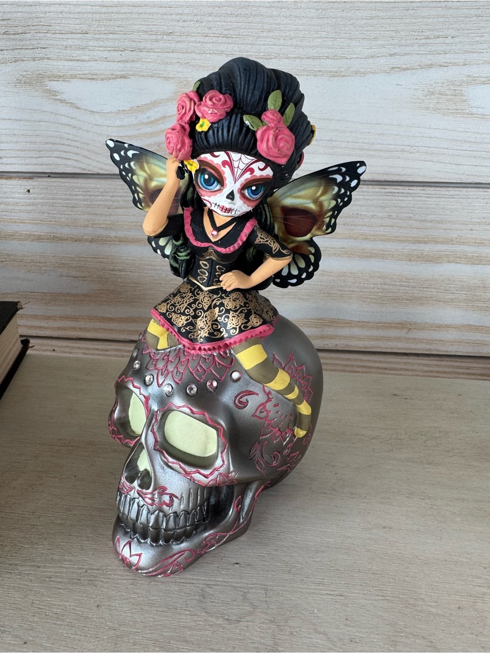 Day of the Dead Fairy Figurine on Silver Skull - Decorative Home Art